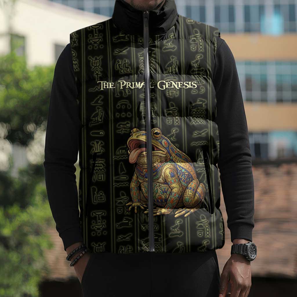 Heqet Ornate Frog Egyptian Sleeveless Puffer Jacket with Hieroglyphic Backdrop in Creation Theme