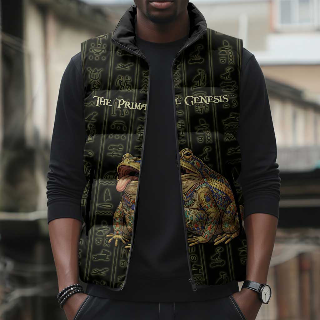 Heqet Ornate Frog Egyptian Sleeveless Puffer Jacket with Hieroglyphic Backdrop in Creation Theme