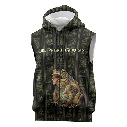 Heqet Ornate Frog Egyptian Sleeveless Zip Hoodie with Hieroglyphic Backdrop in Creation Theme