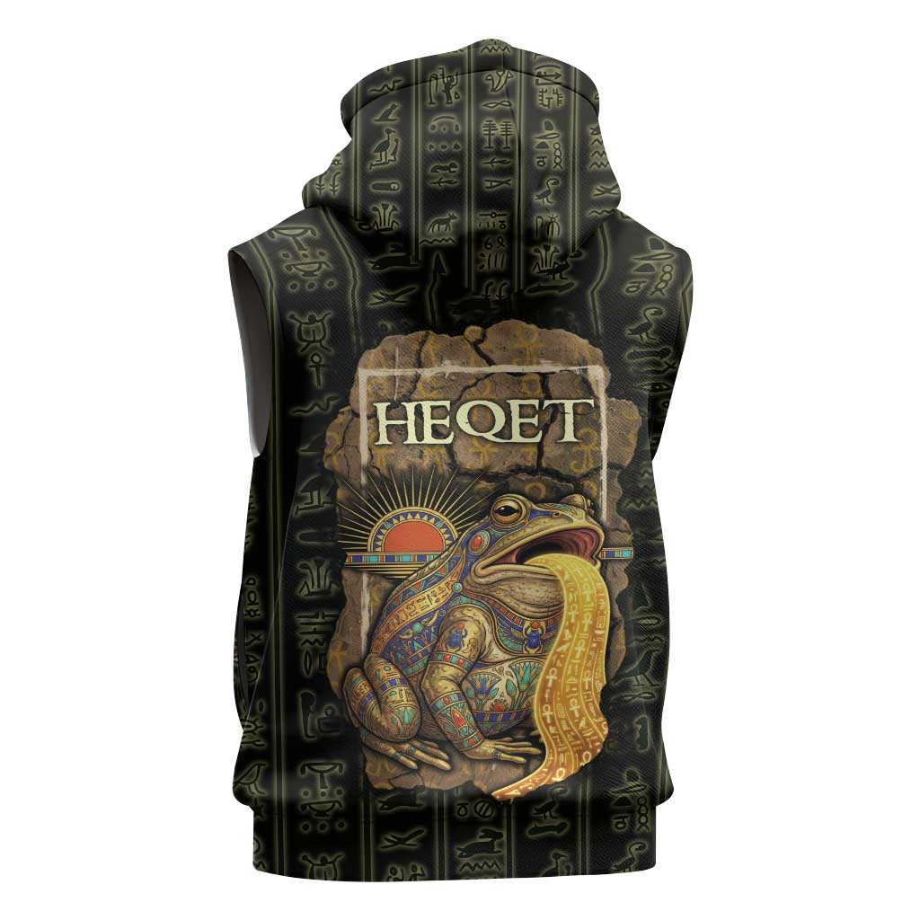 Heqet Ornate Frog Egyptian Sleeveless Zip Hoodie with Hieroglyphic Backdrop in Creation Theme