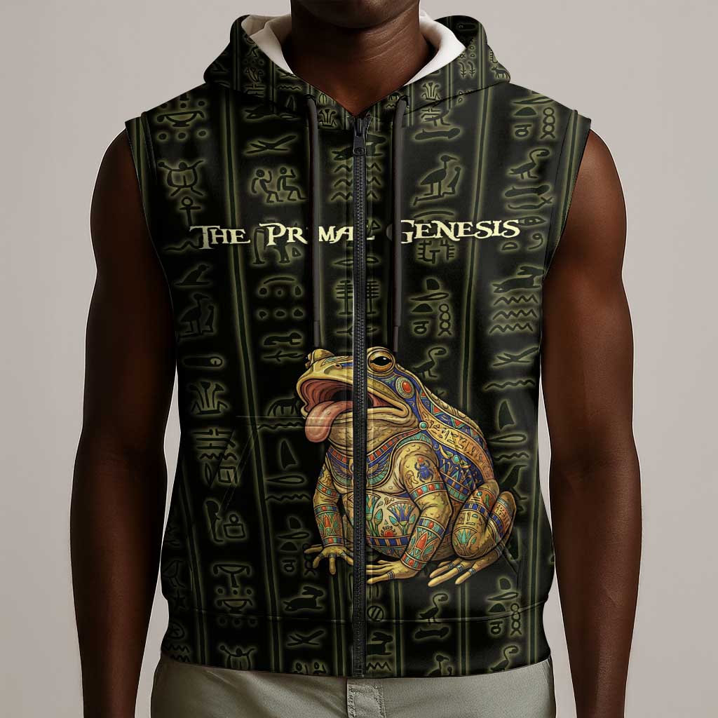 Heqet Ornate Frog Egyptian Sleeveless Zip Hoodie with Hieroglyphic Backdrop in Creation Theme
