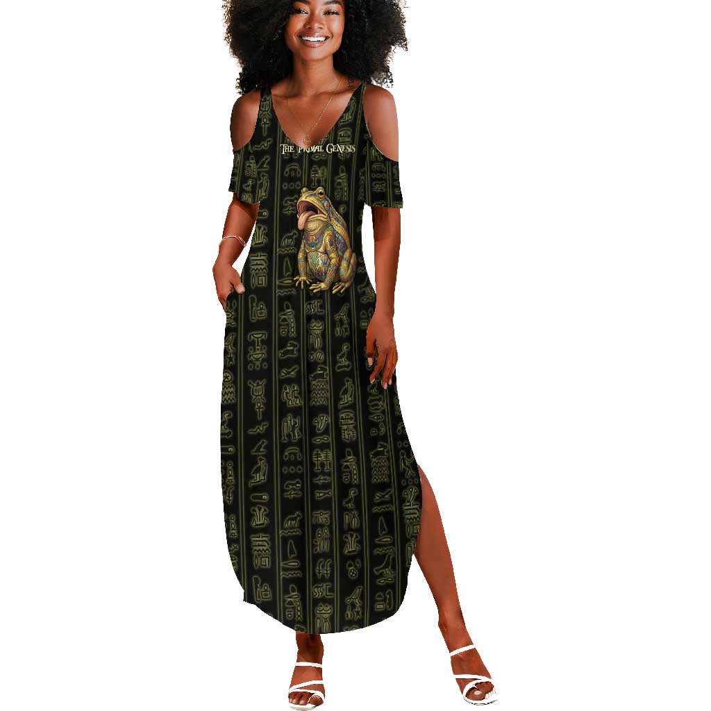 Heqet Ornate Frog Egyptian Summer Maxi Dress with Hieroglyphic Backdrop in Creation Theme