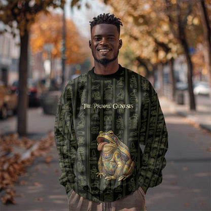 Heqet Ornate Frog Egyptian Sweatshirt with Hieroglyphic Backdrop in Creation Theme
