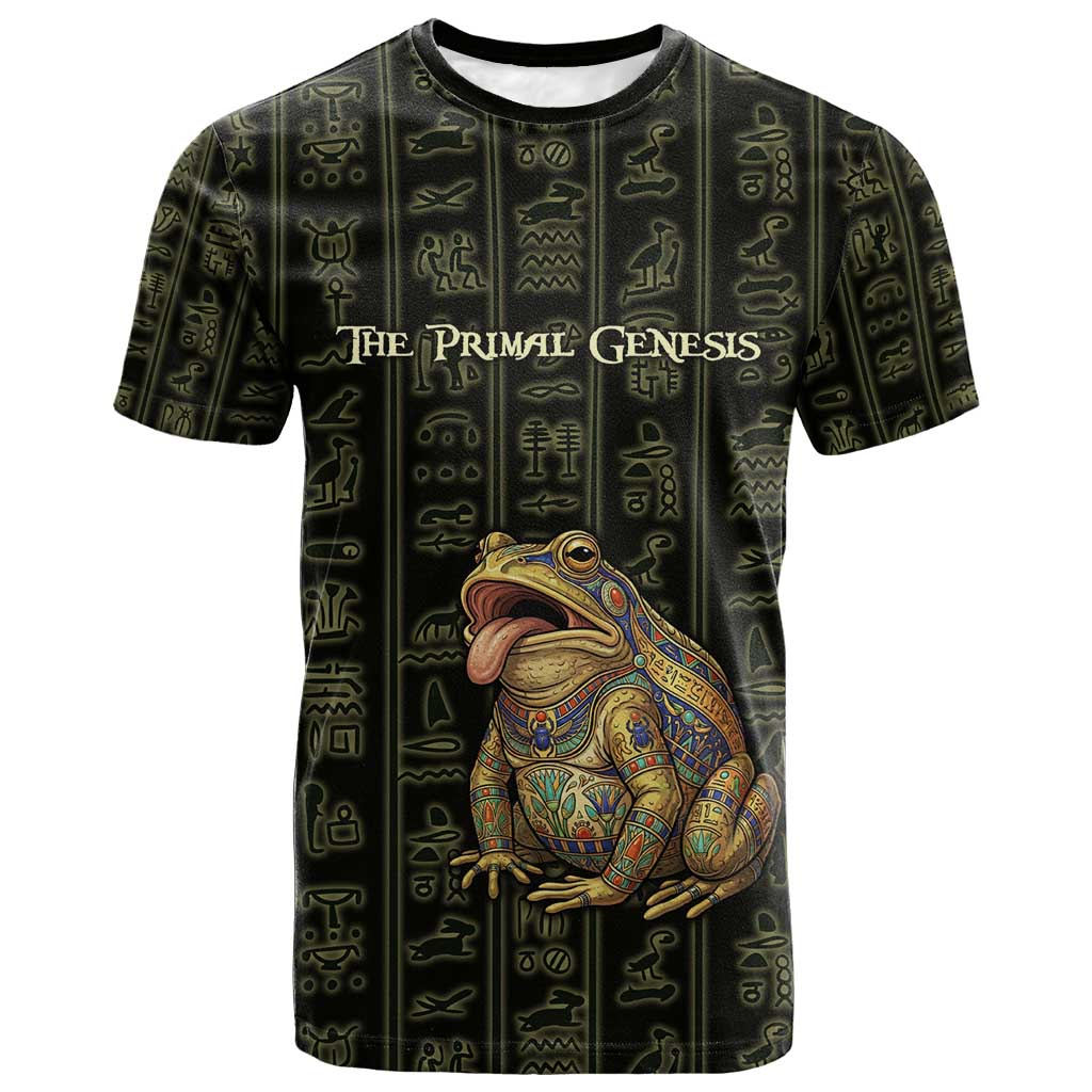 Heqet Ornate Frog Egyptian T shirt with Hieroglyphic Backdrop in Creation Theme
