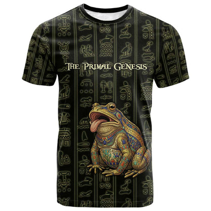Heqet Ornate Frog Egyptian T shirt with Hieroglyphic Backdrop in Creation Theme