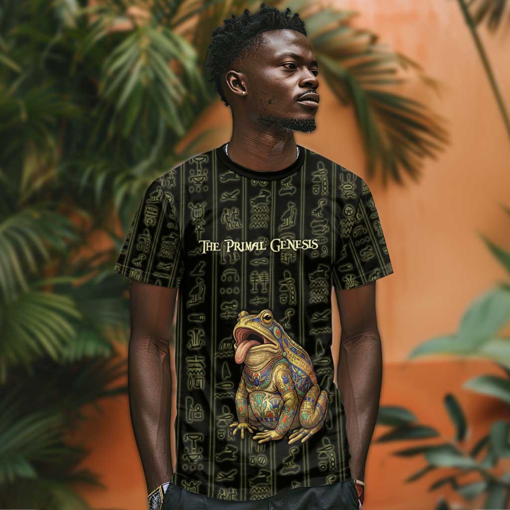 Heqet Ornate Frog Egyptian T shirt with Hieroglyphic Backdrop in Creation Theme