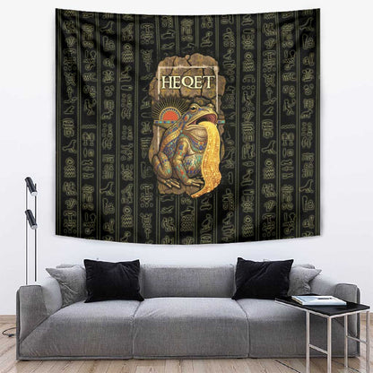 Heqet Ornate Frog Egyptian Tapestry with Hieroglyphic Backdrop in Creation Theme
