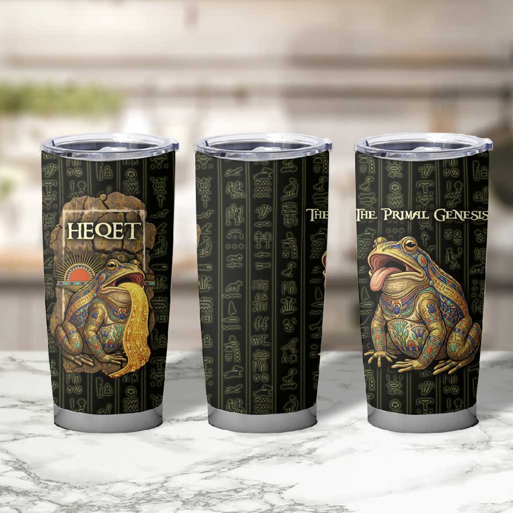 Heqet Ornate Frog Egyptian Tumbler Cup with Hieroglyphic Backdrop in Creation Theme