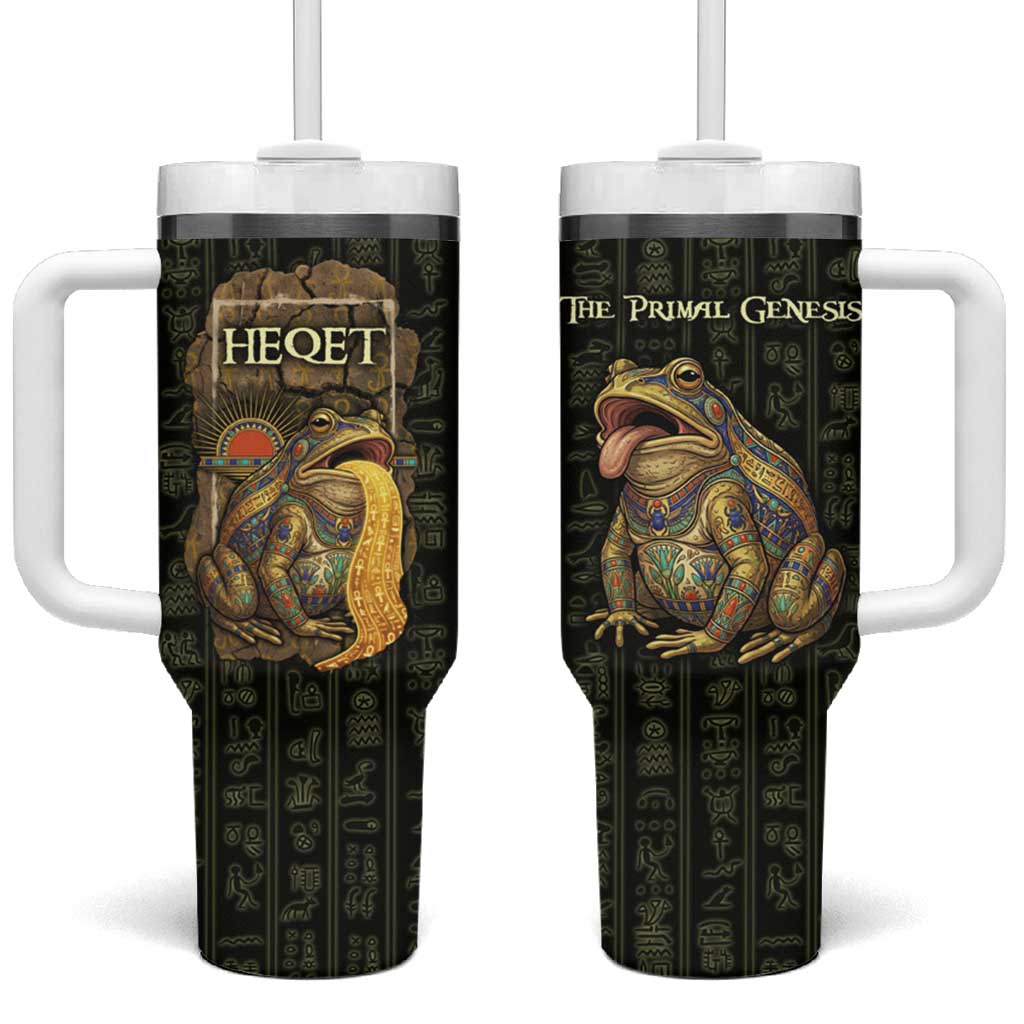 Heqet Ornate Frog Egyptian Tumbler With Handle with Hieroglyphic Backdrop in Creation Theme