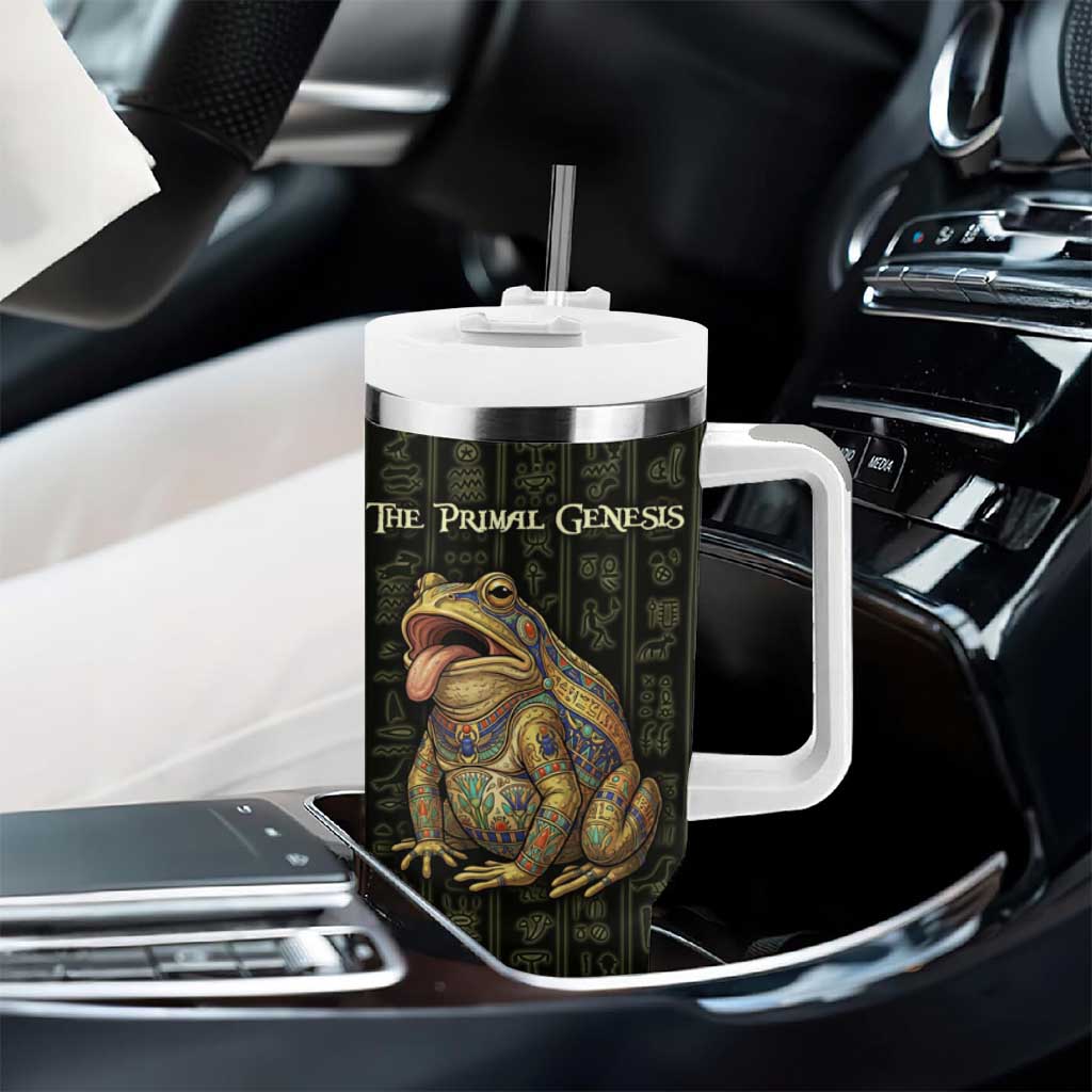 Heqet Ornate Frog Egyptian Tumbler With Handle with Hieroglyphic Backdrop in Creation Theme