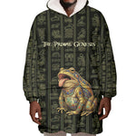 Heqet Ornate Frog Egyptian Wearable Blanket Hoodie with Hieroglyphic Backdrop in Creation Theme