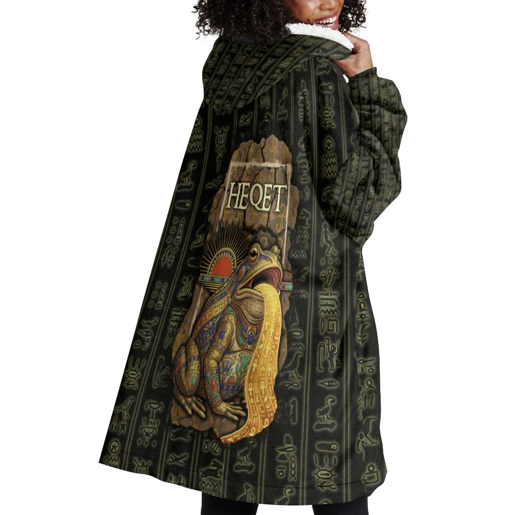 Heqet Ornate Frog Egyptian Wearable Blanket Hoodie with Hieroglyphic Backdrop in Creation Theme