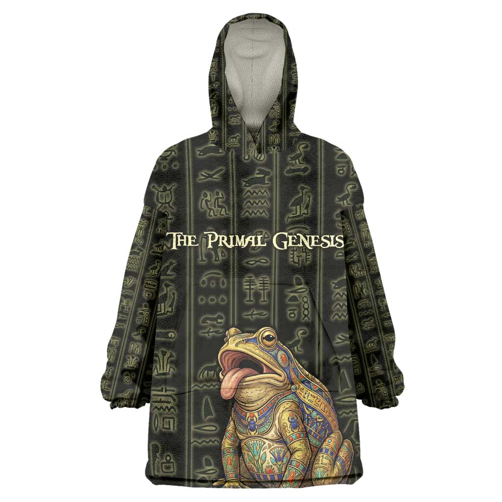 Heqet Ornate Frog Egyptian Wearable Blanket Hoodie with Hieroglyphic Backdrop in Creation Theme