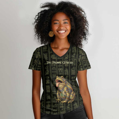 Heqet Ornate Frog Egyptian Women V-Neck T-Shirt with Hieroglyphic Backdrop in Creation Theme