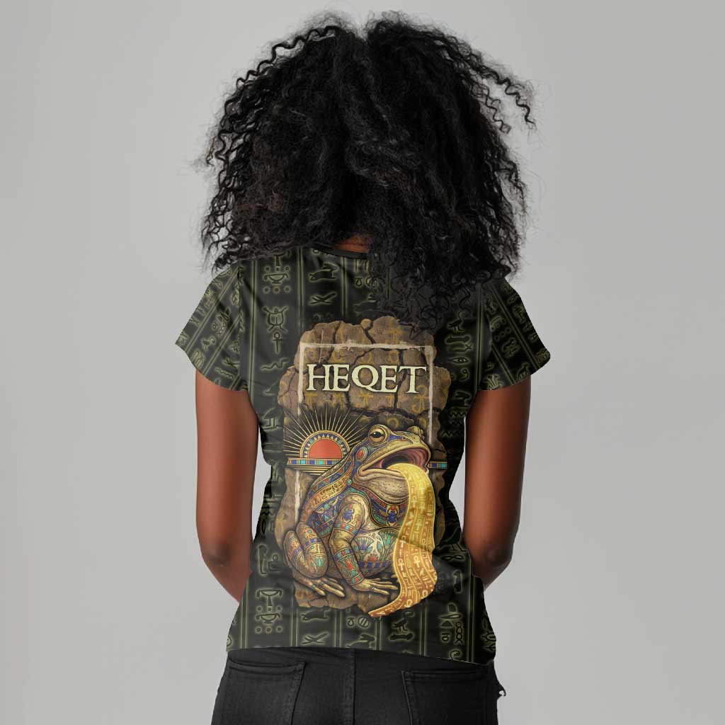 Heqet Ornate Frog Egyptian Women V-Neck T-Shirt with Hieroglyphic Backdrop in Creation Theme