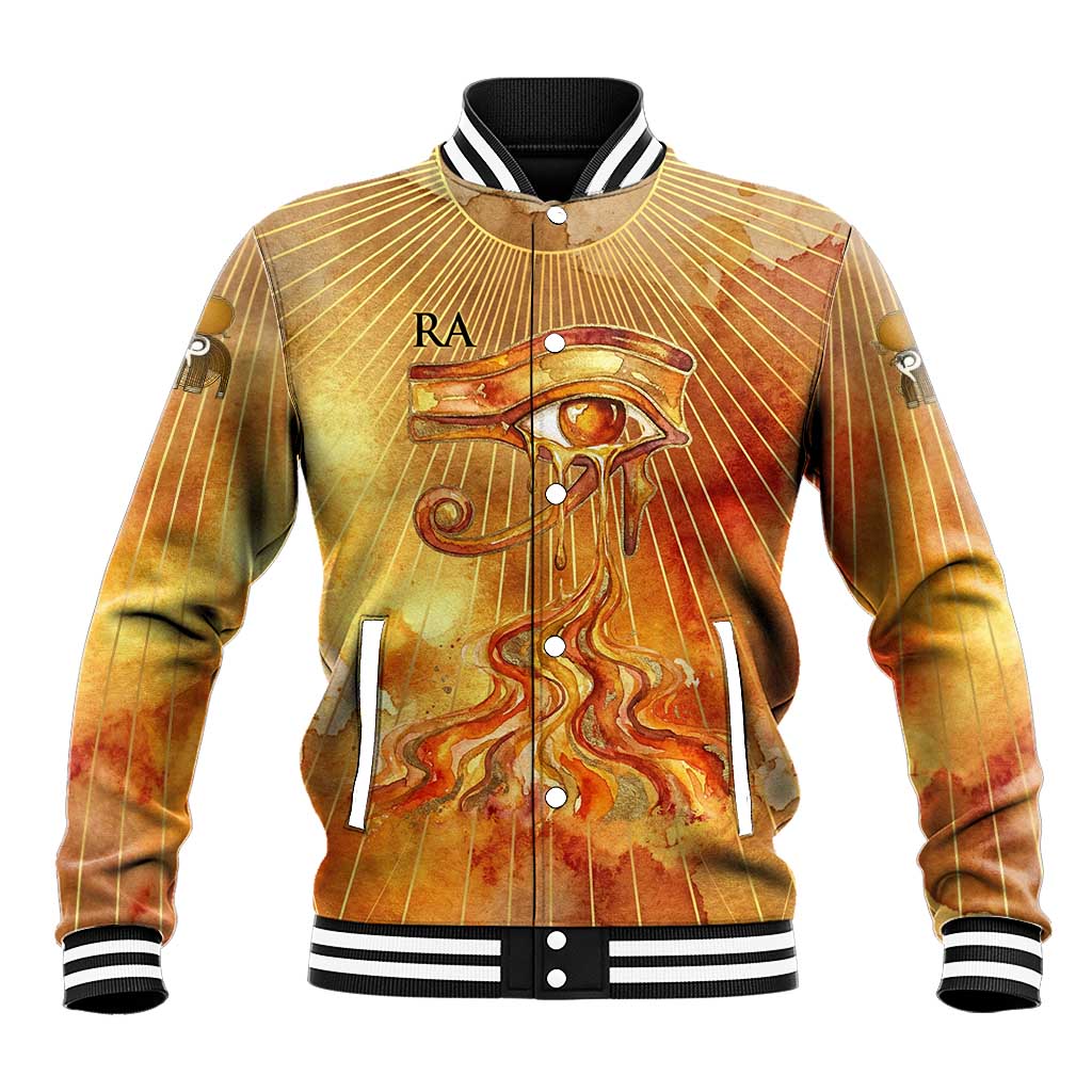 Ra Egyptian Baseball Jacket Sun God Eye of Ra Fiery Wings Eternal Source Golden Light