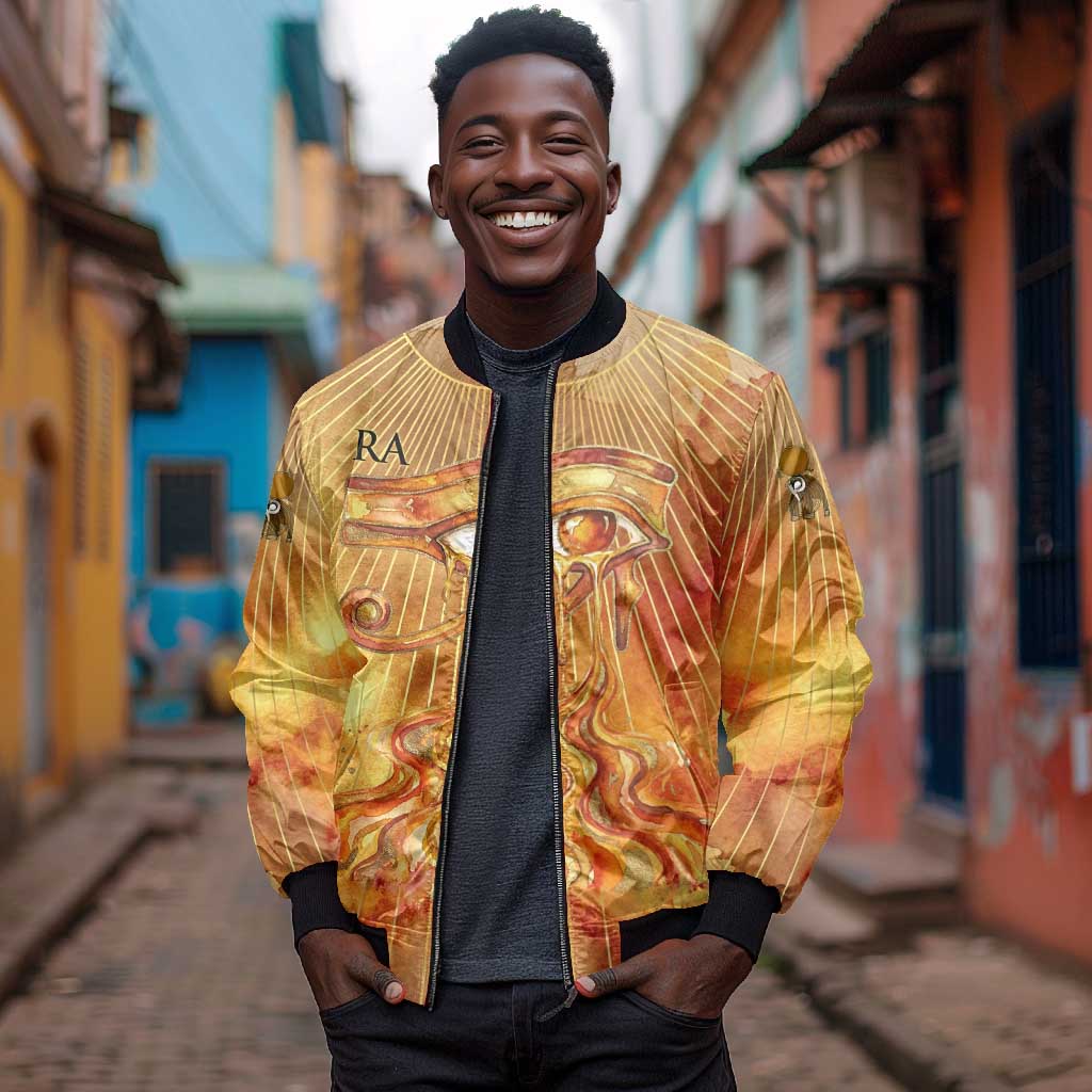 Ra Egyptian Bomber Jacket Sun God Eye of Ra Fiery Wings Eternal Source Golden Light