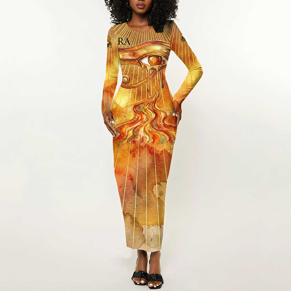 Ra Egyptian Long Sleeve Bodycon Dress Sun God Eye of Ra Fiery Wings Eternal Source Golden Light