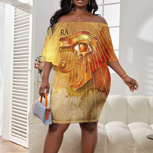 Ra Egyptian Off Shoulder Short Dress Sun God Eye of Ra Fiery Wings Eternal Source Golden Light