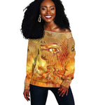 Ra Egyptian Off Shoulder Sweater Sun God Eye of Ra Fiery Wings Eternal Source Golden Light