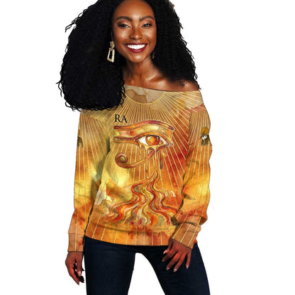 Ra Egyptian Off Shoulder Sweater Sun God Eye of Ra Fiery Wings Eternal Source Golden Light