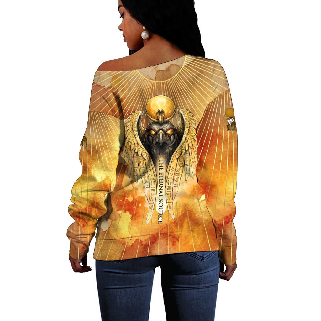 Ra Egyptian Off Shoulder Sweater Sun God Eye of Ra Fiery Wings Eternal Source Golden Light
