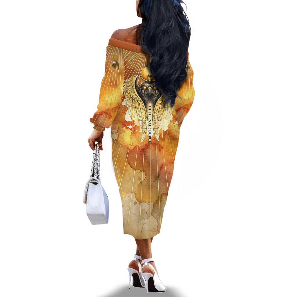 Ra Egyptian Off The Shoulder Long Sleeve Dress Sun God Eye of Ra Fiery Wings Eternal Source Golden Light