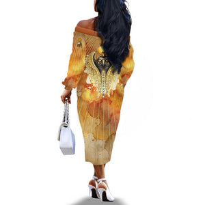 Ra Egyptian Off The Shoulder Long Sleeve Dress Sun God Eye of Ra Fiery Wings Eternal Source Golden Light
