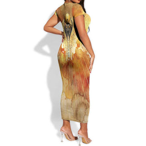 Ra Egyptian Short Sleeve Bodycon Dress Sun God Eye of Ra Fiery Wings Eternal Source Golden Light