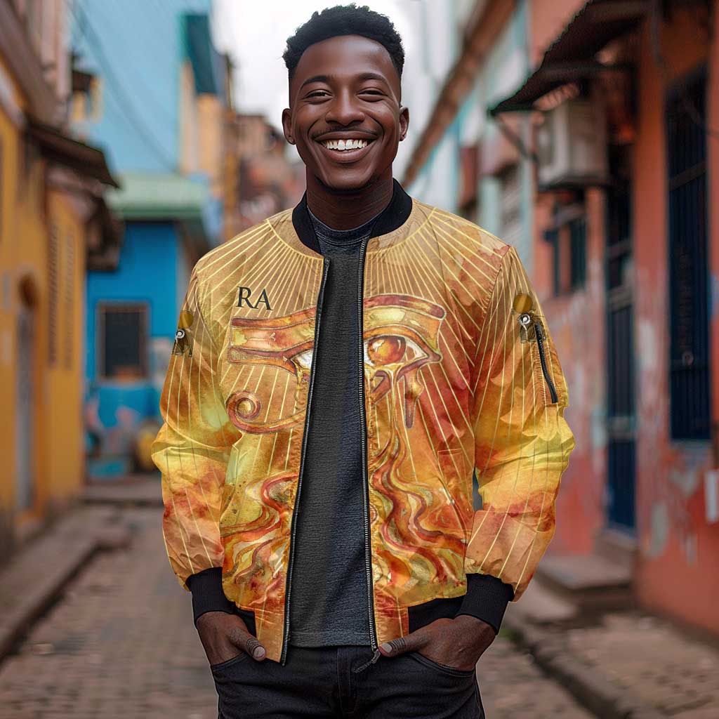 Ra Egyptian Sleeve Zip Bomber Jacket Sun God Eye of Ra Fiery Wings Eternal Source Golden Light