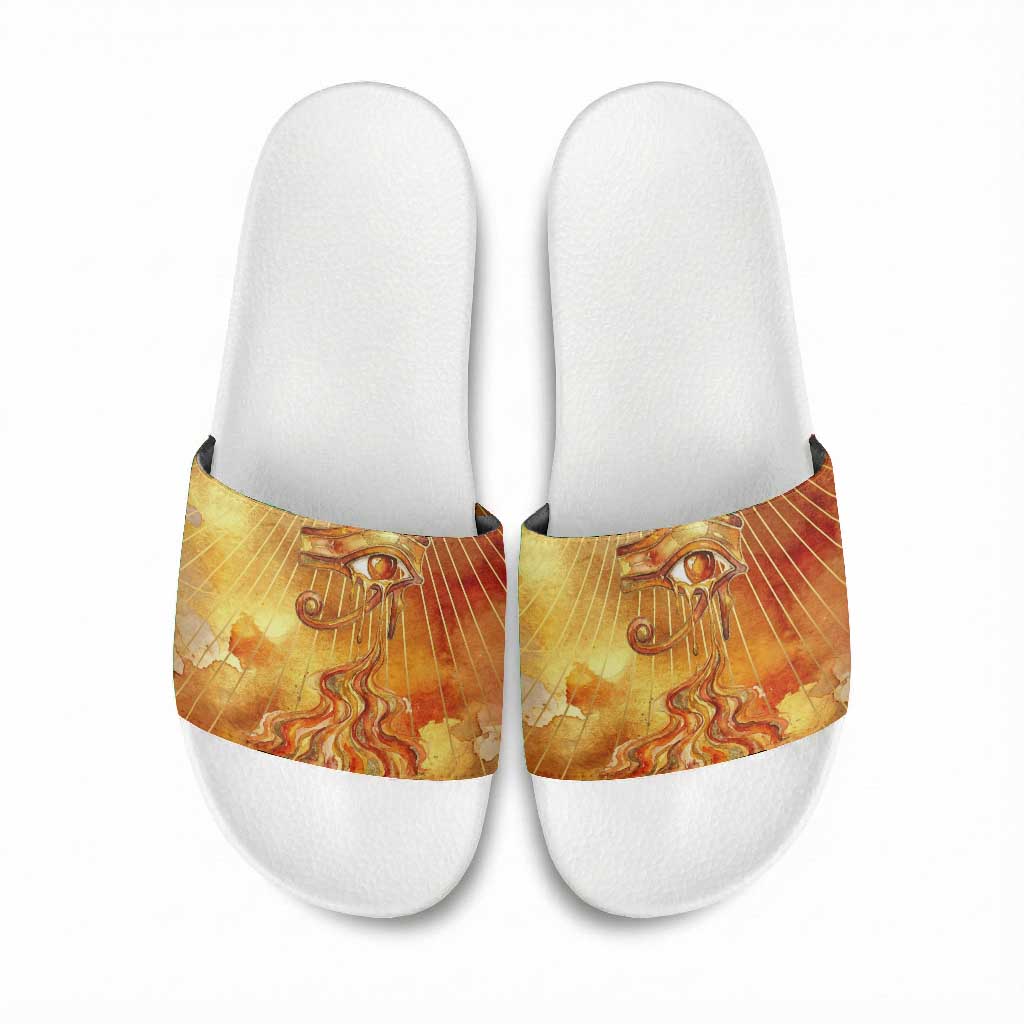 Ra Egyptian Slide Sandals Sun God Eye of Ra Fiery Wings Eternal Source Golden Light