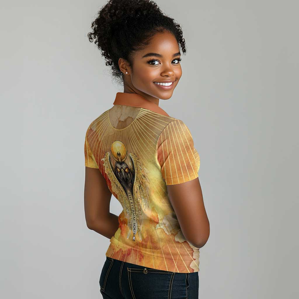 Ra Egyptian Women Polo Shirt Sun God Eye of Ra Fiery Wings Eternal Source Golden Light
