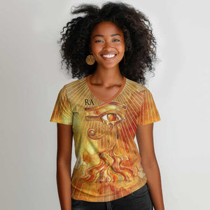Ra Egyptian Women V-Neck T-Shirt Sun God Eye of Ra Fiery Wings Eternal Source Golden Light