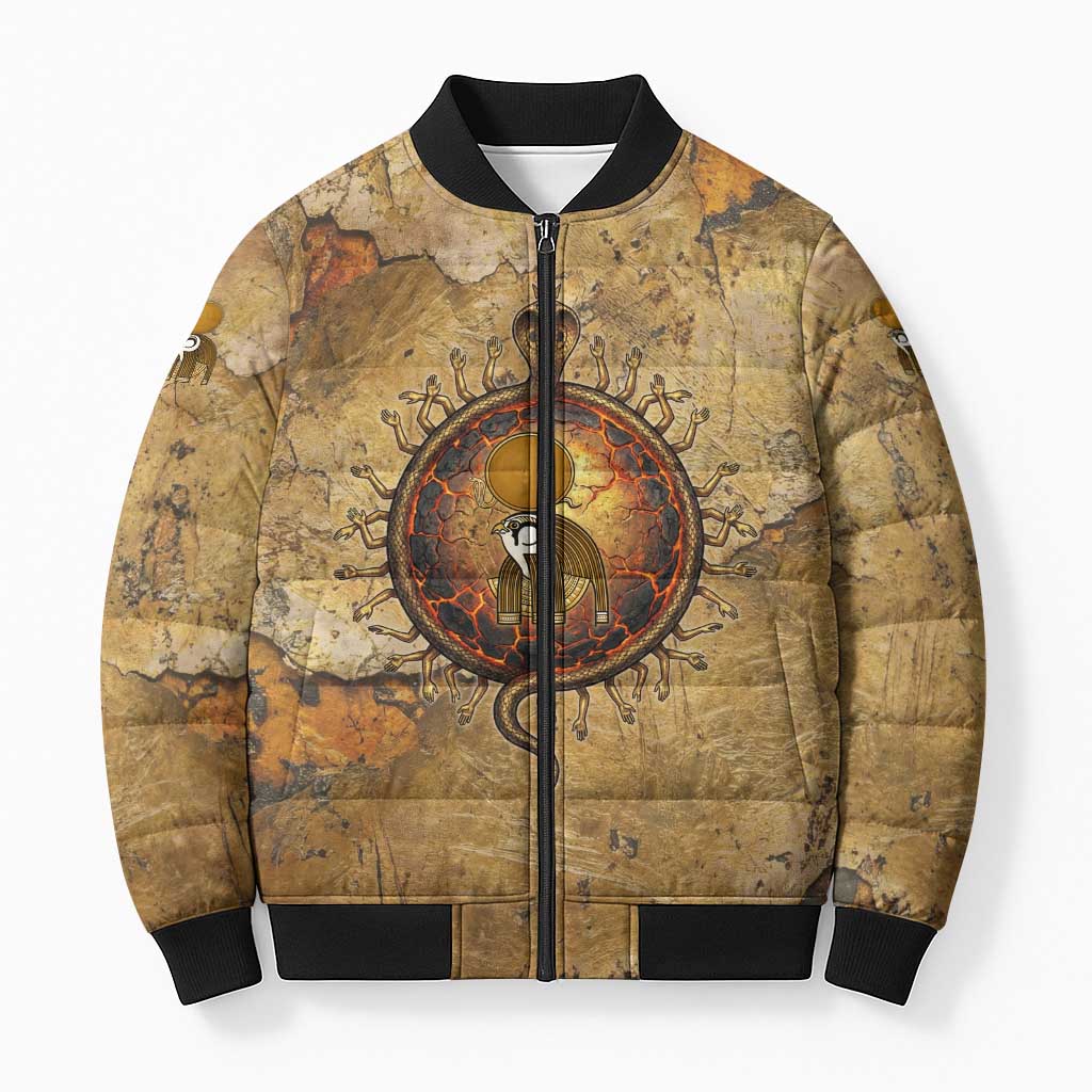 Ra Egyptian Bomber Puffer Jacket Sun God Solar Disk Serpent Slayer Ancient Egyptian Boat of the Underworld