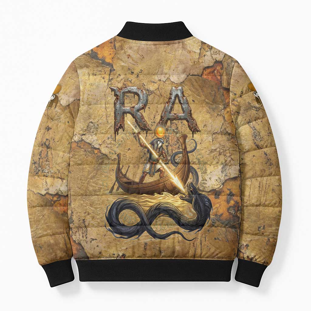 Ra Egyptian Bomber Puffer Jacket Sun God Solar Disk Serpent Slayer Ancient Egyptian Boat of the Underworld