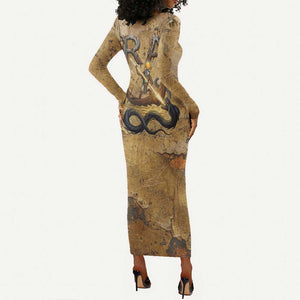 Ra Egyptian Long Sleeve Bodycon Dress Sun God Solar Disk Serpent Slayer Ancient Egyptian Boat of the Underworld
