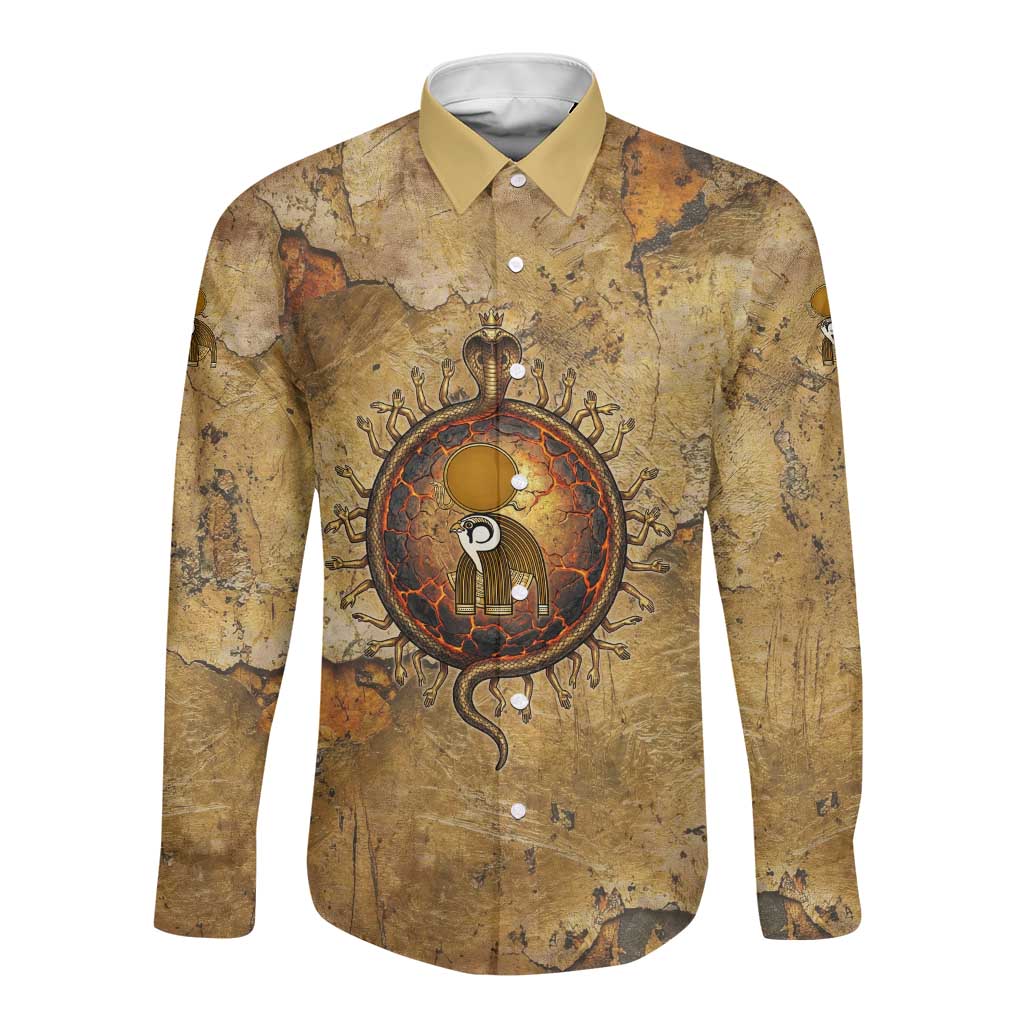 Ra Egyptian Long Sleeve Button Shirt Sun God Solar Disk Serpent Slayer Ancient Egyptian Boat of the Underworld