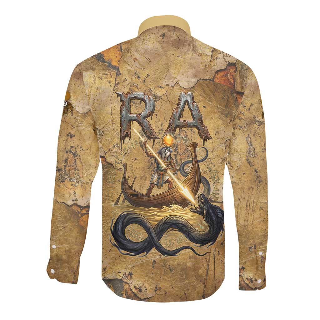Ra Egyptian Long Sleeve Button Shirt Sun God Solar Disk Serpent Slayer Ancient Egyptian Boat of the Underworld