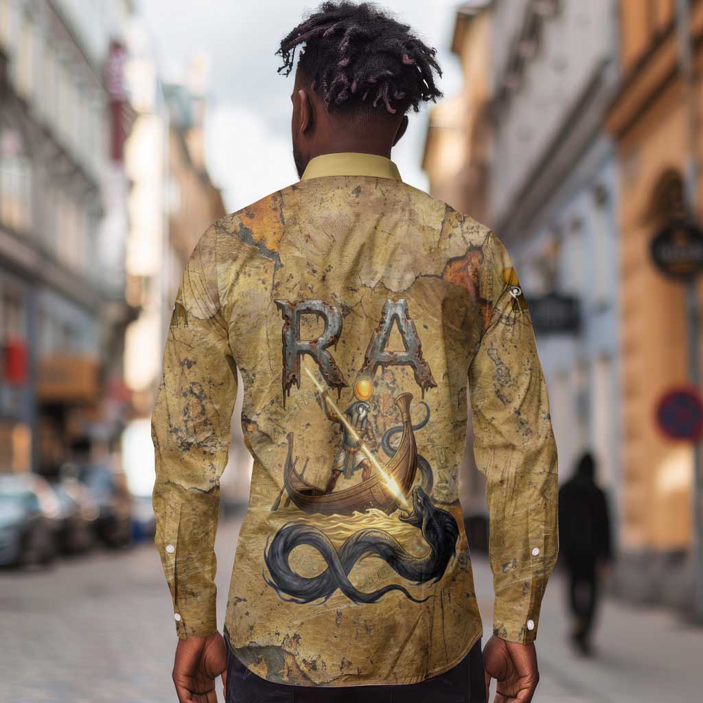 Ra Egyptian Long Sleeve Button Shirt Sun God Solar Disk Serpent Slayer Ancient Egyptian Boat of the Underworld