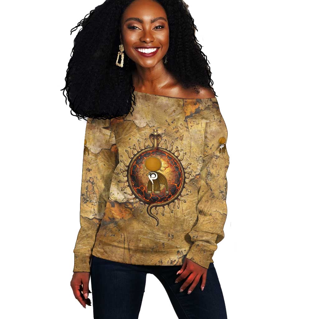 Ra Egyptian Off Shoulder Sweater Sun God Solar Disk Serpent Slayer Ancient Egyptian Boat of the Underworld