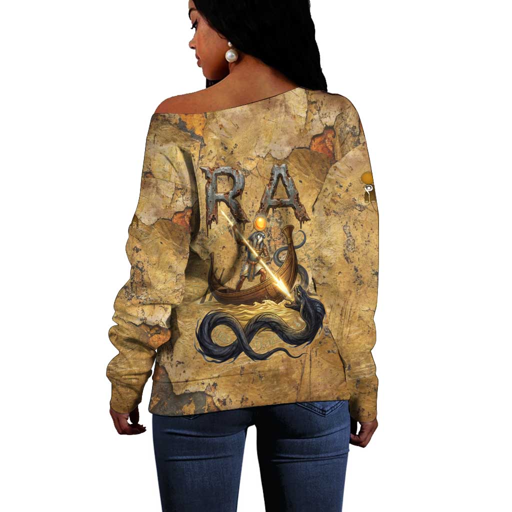 Ra Egyptian Off Shoulder Sweater Sun God Solar Disk Serpent Slayer Ancient Egyptian Boat of the Underworld