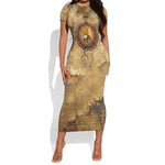 Ra Egyptian Short Sleeve Bodycon Dress Sun God Solar Disk Serpent Slayer Ancient Egyptian Boat of the Underworld