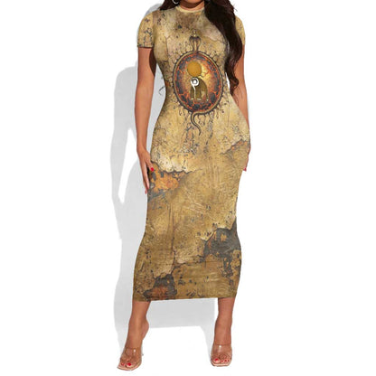 Ra Egyptian Short Sleeve Bodycon Dress Sun God Solar Disk Serpent Slayer Ancient Egyptian Boat of the Underworld