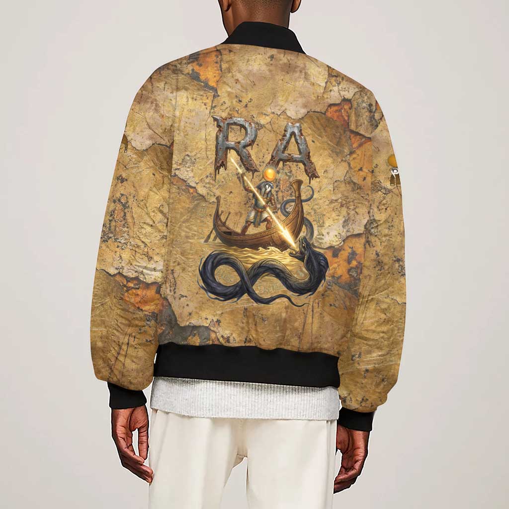 Ra Egyptian Sleeve Zip Bomber Jacket Sun God Solar Disk Serpent Slayer Ancient Egyptian Boat of the Underworld