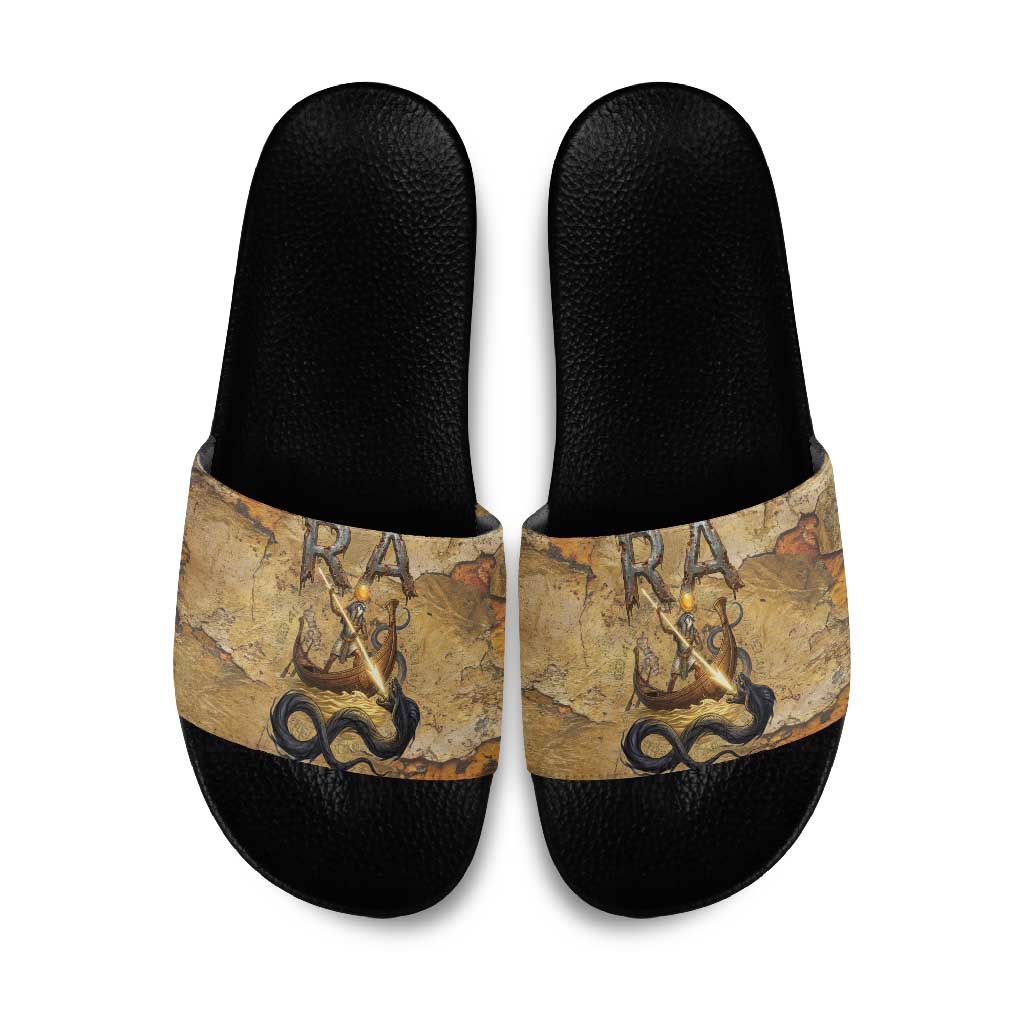Ra Egyptian Slide Sandals Sun God Solar Disk Serpent Slayer Ancient Egyptian Boat of the Underworld