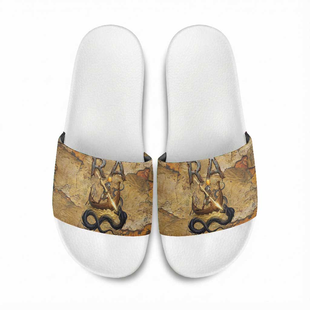 Ra Egyptian Slide Sandals Sun God Solar Disk Serpent Slayer Ancient Egyptian Boat of the Underworld