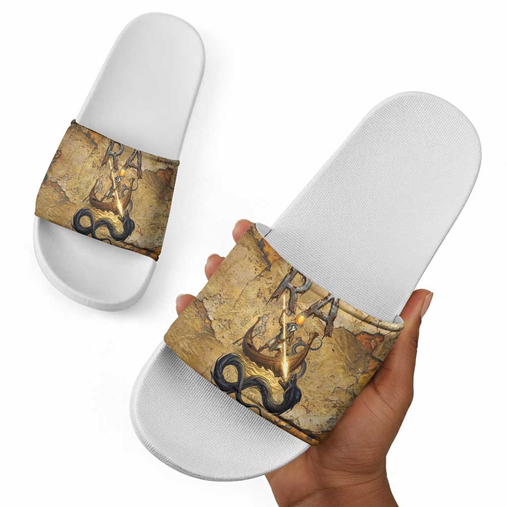 Ra Egyptian Slide Sandals Sun God Solar Disk Serpent Slayer Ancient Egyptian Boat of the Underworld