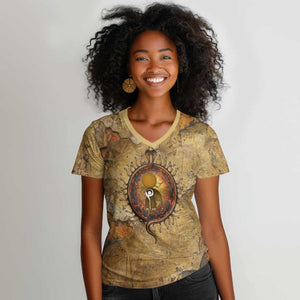 Ra Egyptian Women V-Neck T-Shirt Sun God Solar Disk Serpent Slayer Ancient Egyptian Boat of the Underworld