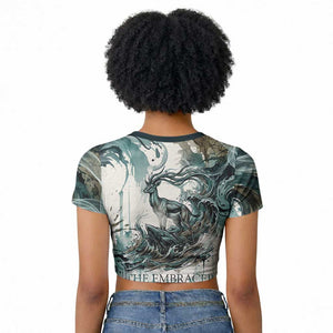 Anuket Egyptian Raglan Cropped T shirt Goddess of the Nile Flowing Water Gazelle Spirit The Embracer