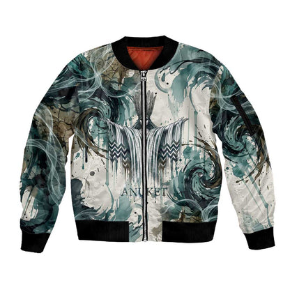Anuket Egyptian Sleeve Zip Bomber Jacket Goddess of the Nile Flowing Water Gazelle Spirit The Embracer
